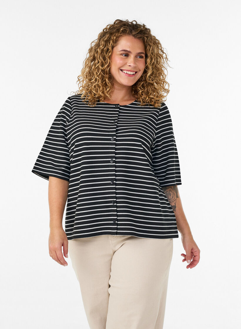 Bluse mit Rippstruktur und Knopfleiste, Schwarz, Model image number 0