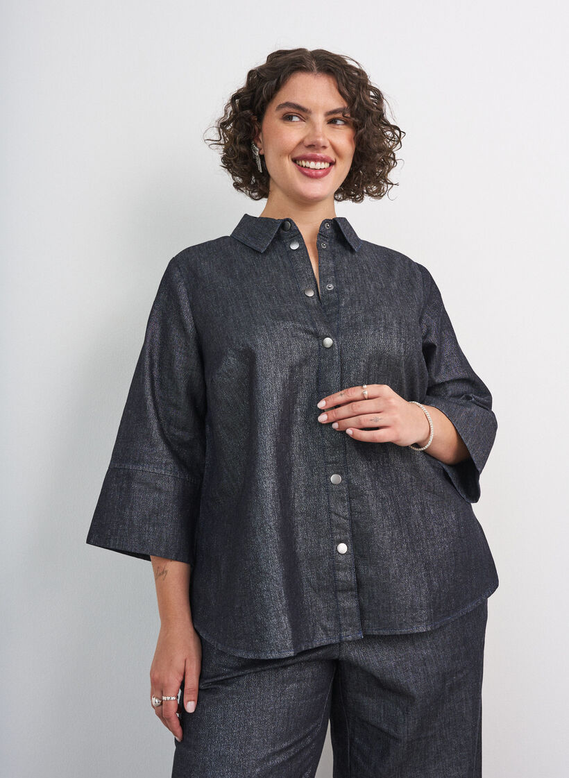 Denimbluse mit Glitzerfaden und 3/4-&Auml;rmeln, Grau, Model image number 0