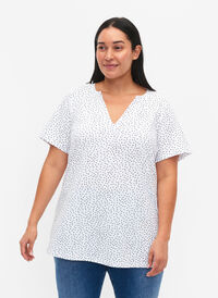 Baumwoll-T-Shirt mit Punkten und V-Ausschnitt, B.White/Black Dot, Model