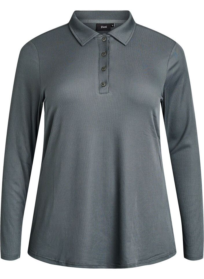Poloshirt aus weichem Ripp mit langen Ärmeln, Grün, Packshot image number 0