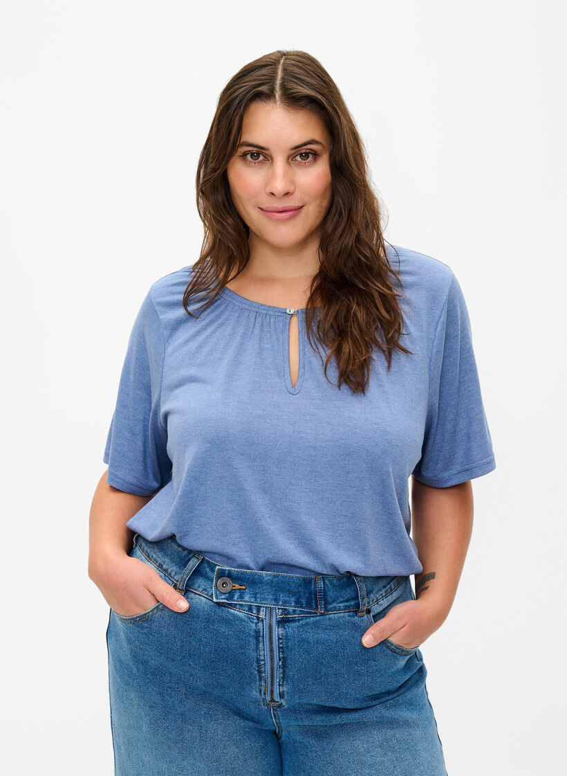 Melange Bluse mit kurzen Pins, Moonlight Blue Mel., Model image number 0