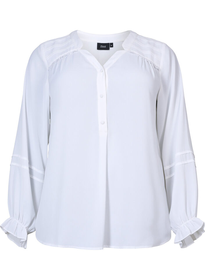 Bluse mit langen &Auml;rmeln und Knopfverschluss, Bright White, Packshot image number 0