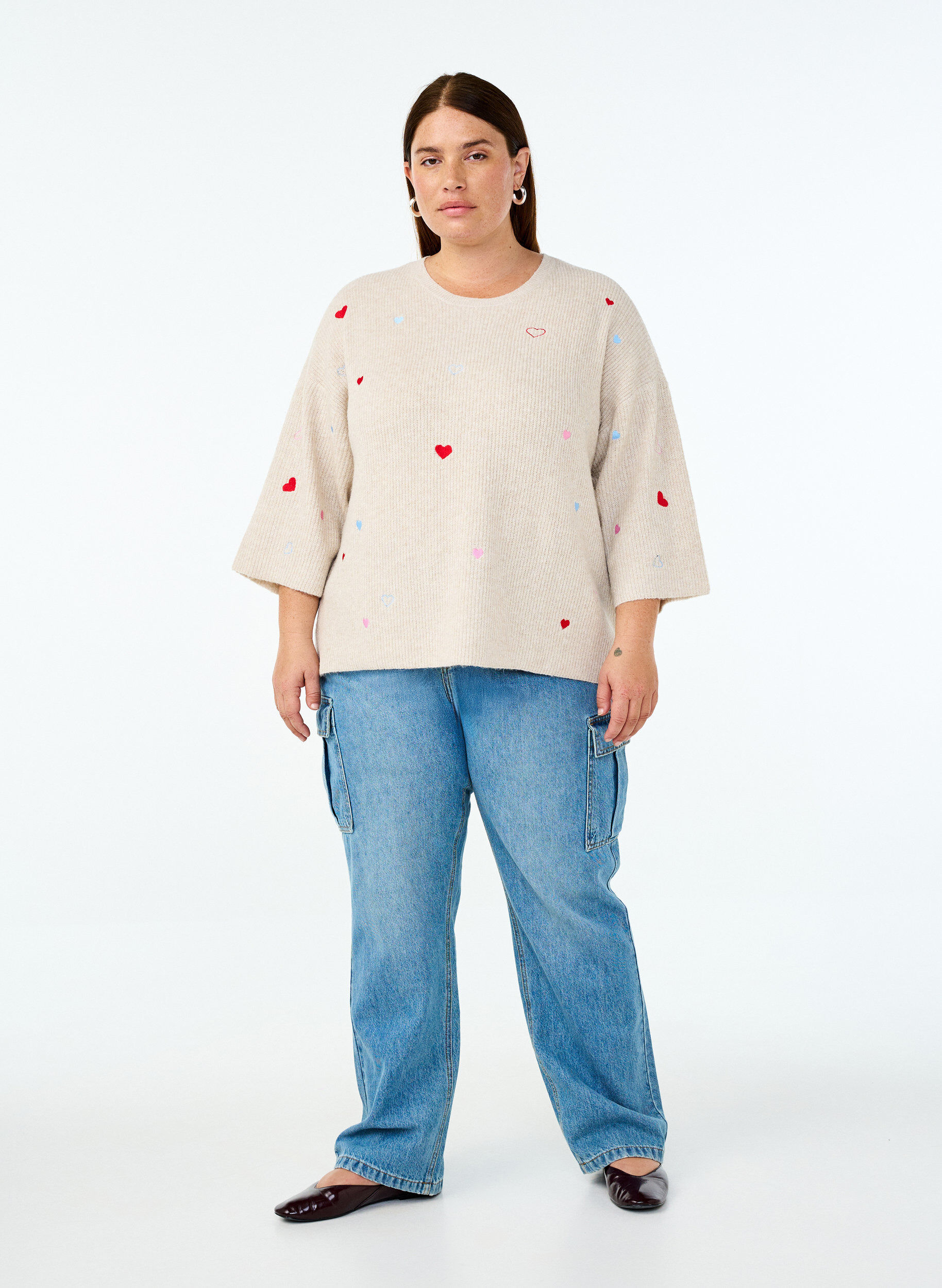 ZizziStrickbluse mit Herzen und 3/4-&Auml;rmeln, Beige, Model image number 1