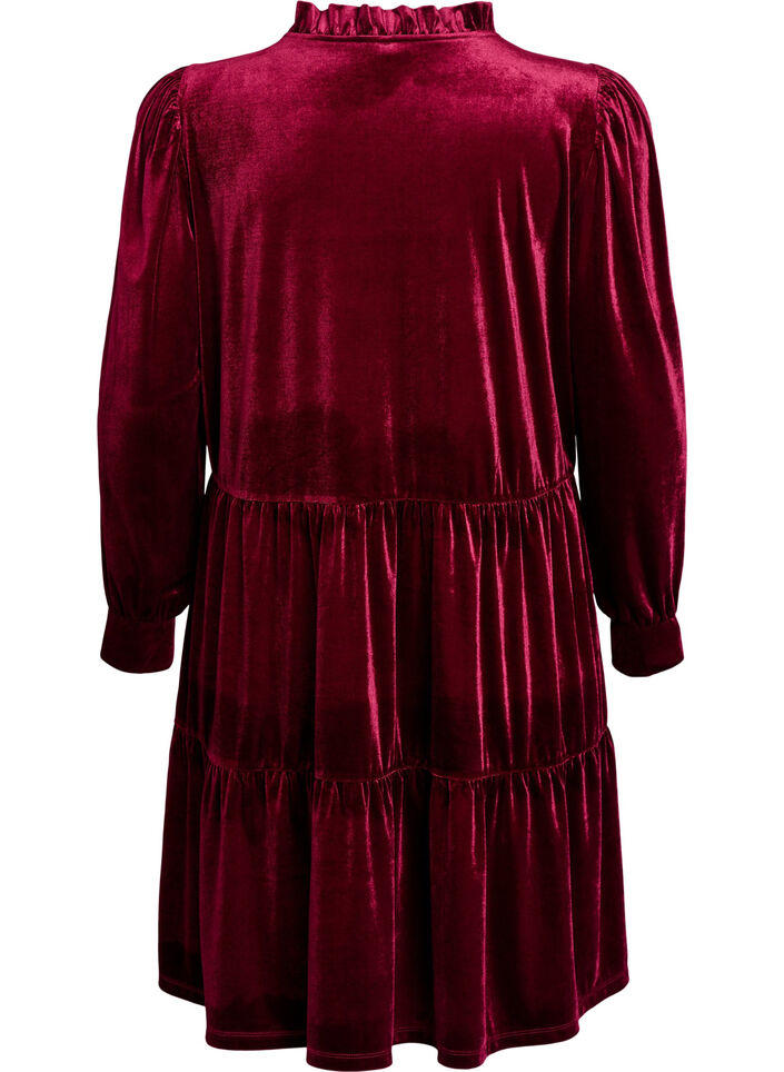 Kurzes Kleid aus Velours mit R&uuml;schenkragen und langen &Auml;rmeln, Rot, Packshot image number 1