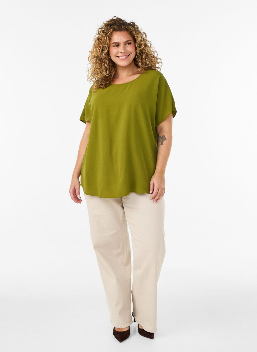 Bluse mit kurzen &Auml;rmeln und Rundhalsausschnitt, Gr&uuml;n, Model image number 1