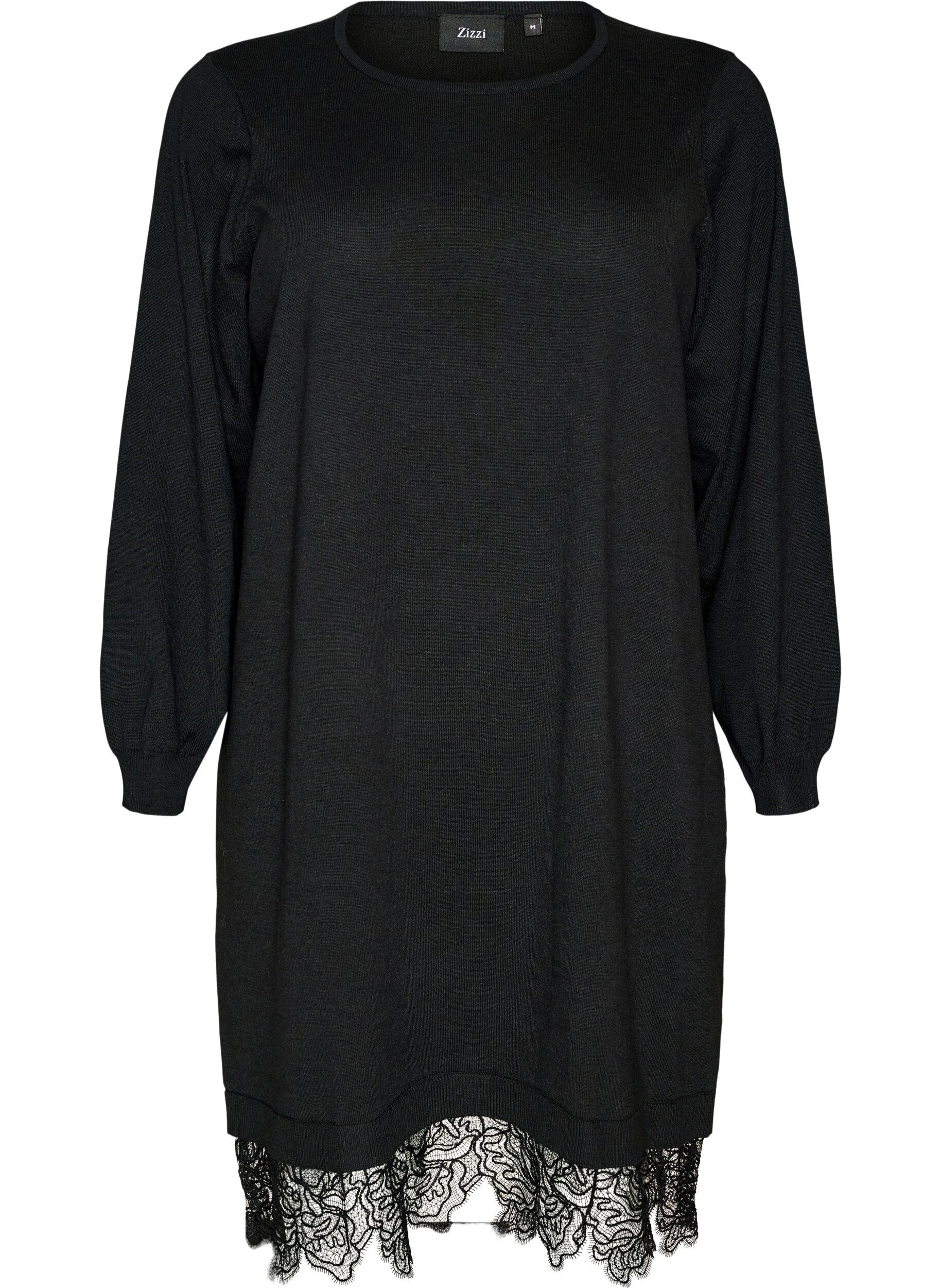 ZizziKurzes Kleid aus Strick mit Spitzensaum, Schwarz, Packshot image number 0