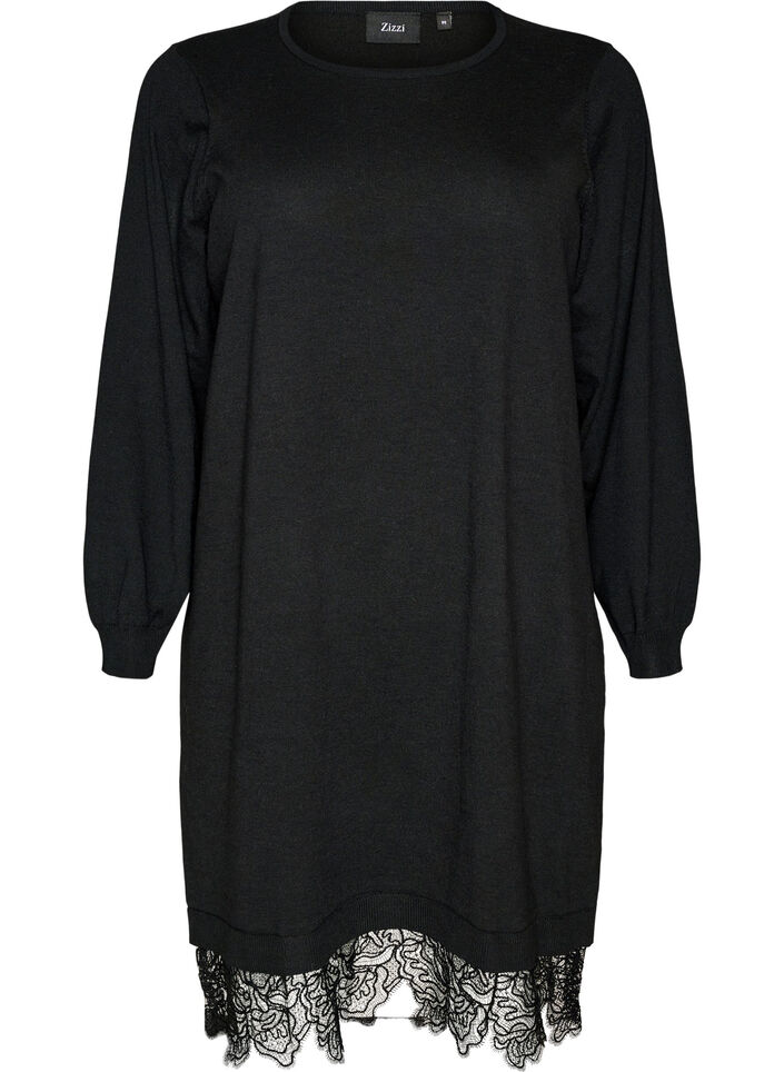 Kurzes Kleid aus Strick mit Spitzensaum, Schwarz, Packshot image number 0