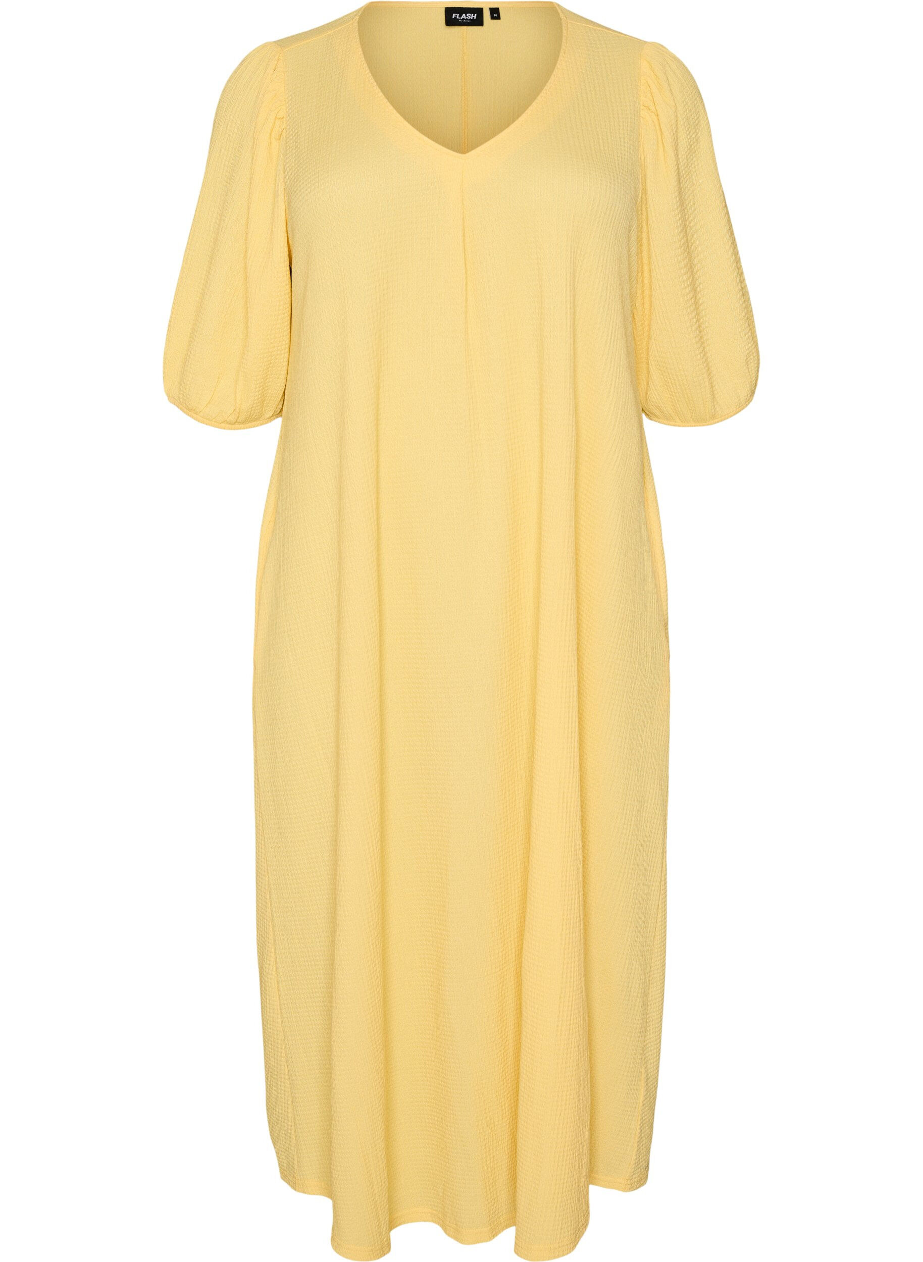 ZizziMidikleid mit V-Ausschnitt und Struktur, Gelb, Packshot image number 0