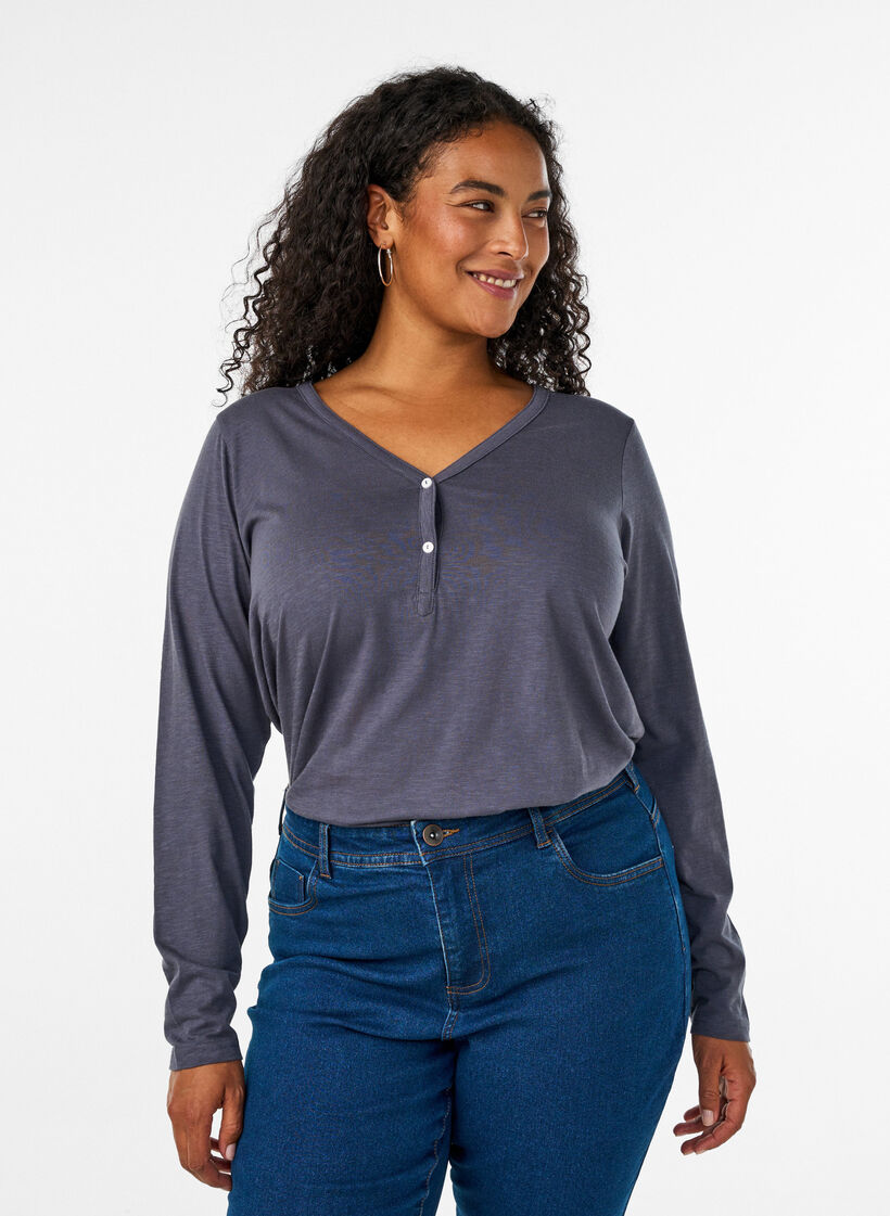 Langarmshirt mit V-Ausschnitt und Kn&ouml;pfen, Grau, Model image number 0