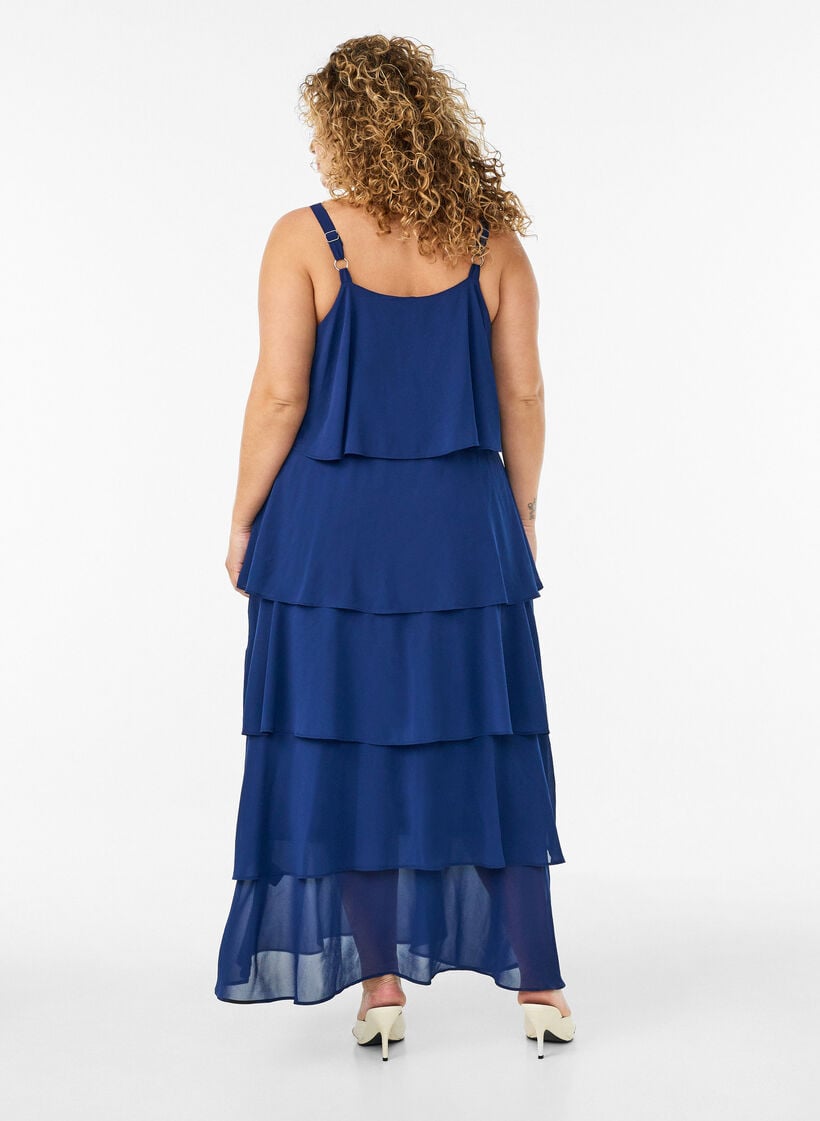 Maxikleid mit R&uuml;schen-Volants und abnehmbarem Cape, Blau, Model image number 1