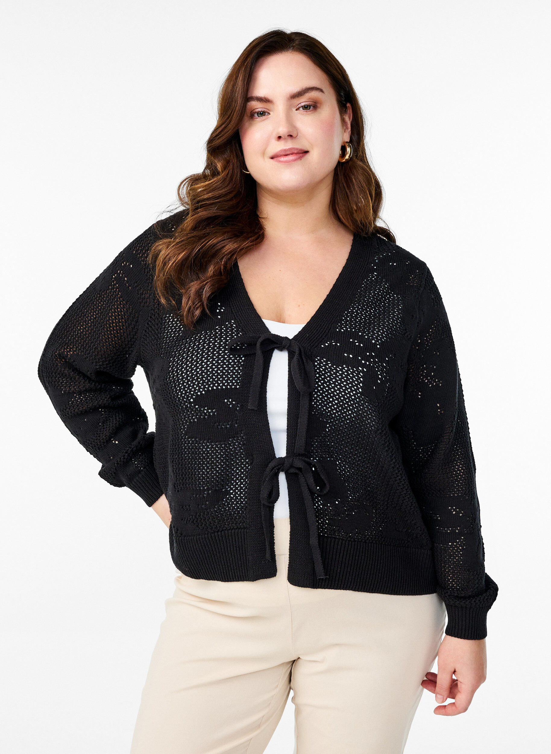 ZizziStrickjacke mit Lochmuster und Bindeb&auml;ndern, Black, Model image number 0