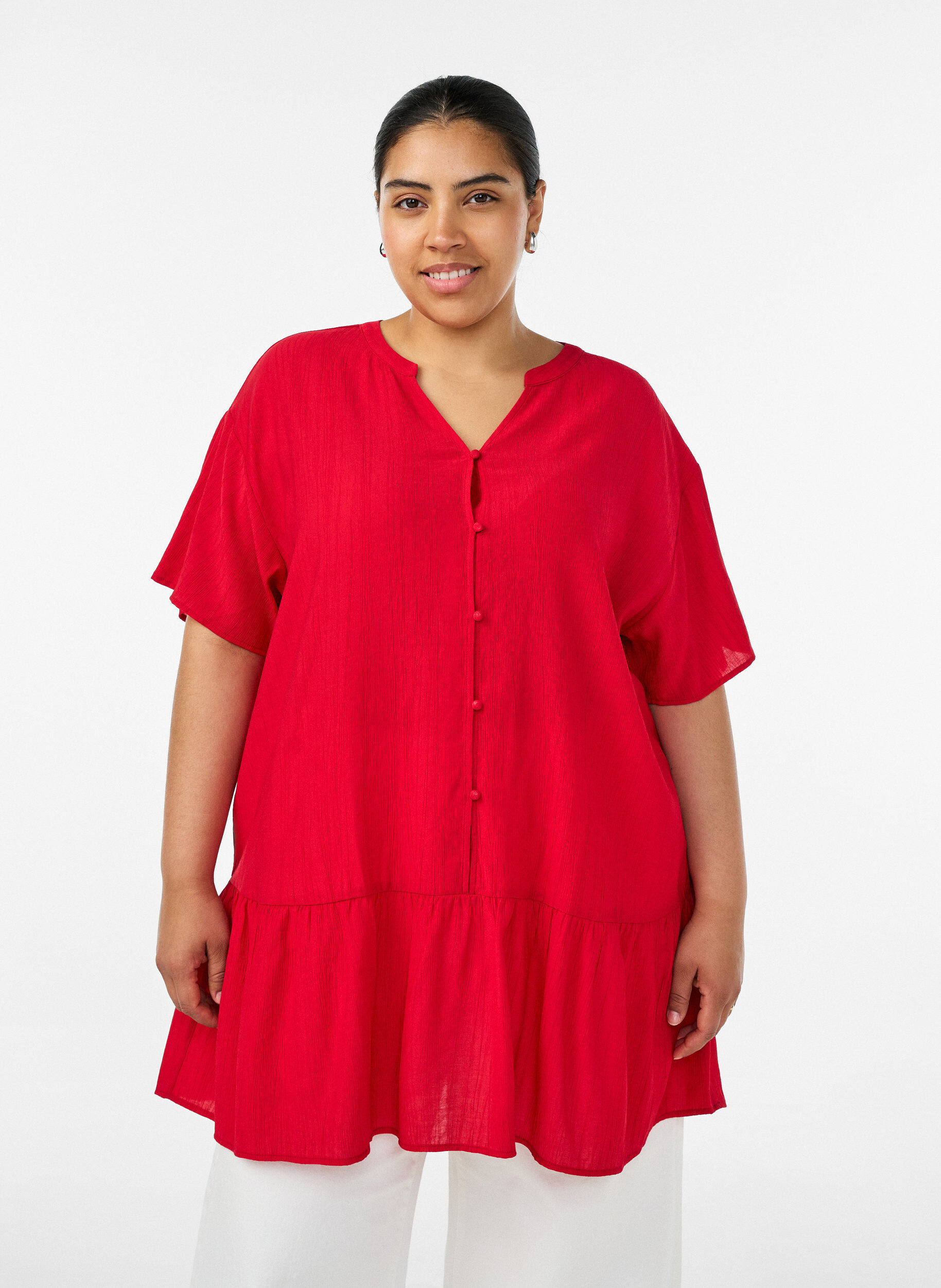 ZizziLockere Tunika mit gekr&auml;uselter Struktur und R&uuml;schensaum, Rot, Model image number 0