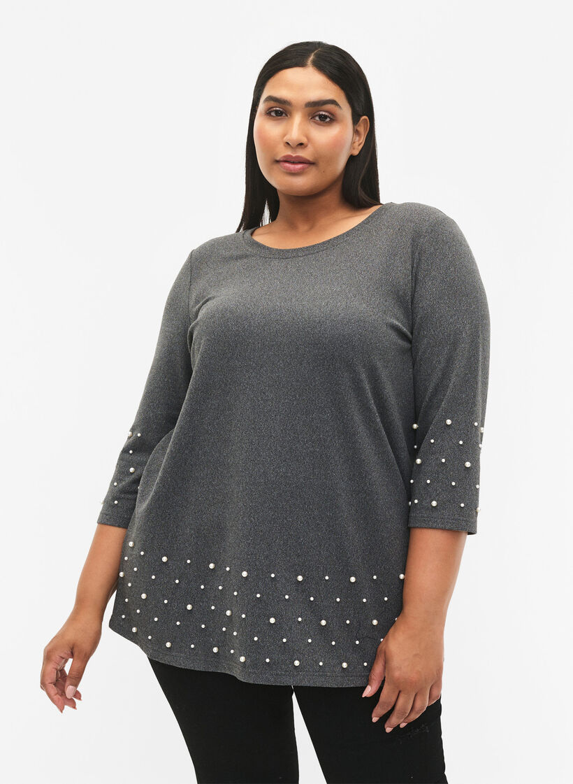 Bluse mit Perlen und 3/4 Ärmeln, Dark Grey Melange, Model image number 0
