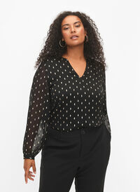 Bedruckte Bluse mit V-Ausschnitt, Black w. Gold, Model