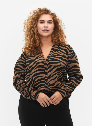 Hemd mit V-Ausschnitt und Zebradruck, Black/Brown Zebra, Model image number 0