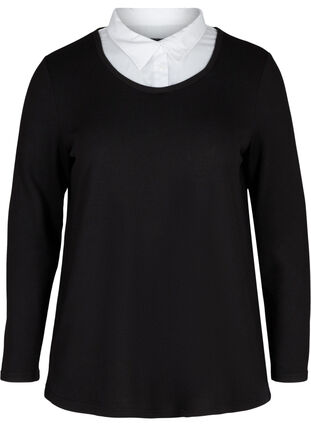 Einfarbige Bluse mit langen Ärmeln und Kragen, Black, Packshot image number 0