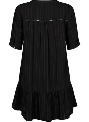 Gestreiftes Viskose Kleid mit Spitzenbändern, Black, Packshot image number 1