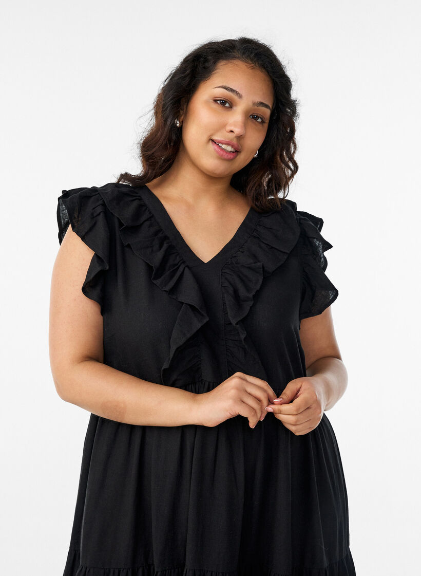 &Auml;rmelloses Midikleid aus Leinen und Viskose mit R&uuml;schen, Schwarz, Model image number 2