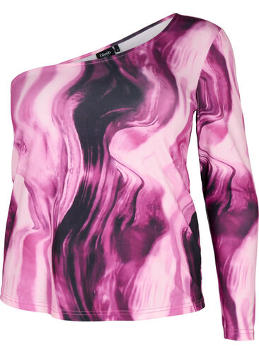 One-Shoulder Bluse mit Print, Raspberry Rose AOP, Packshot image number 0