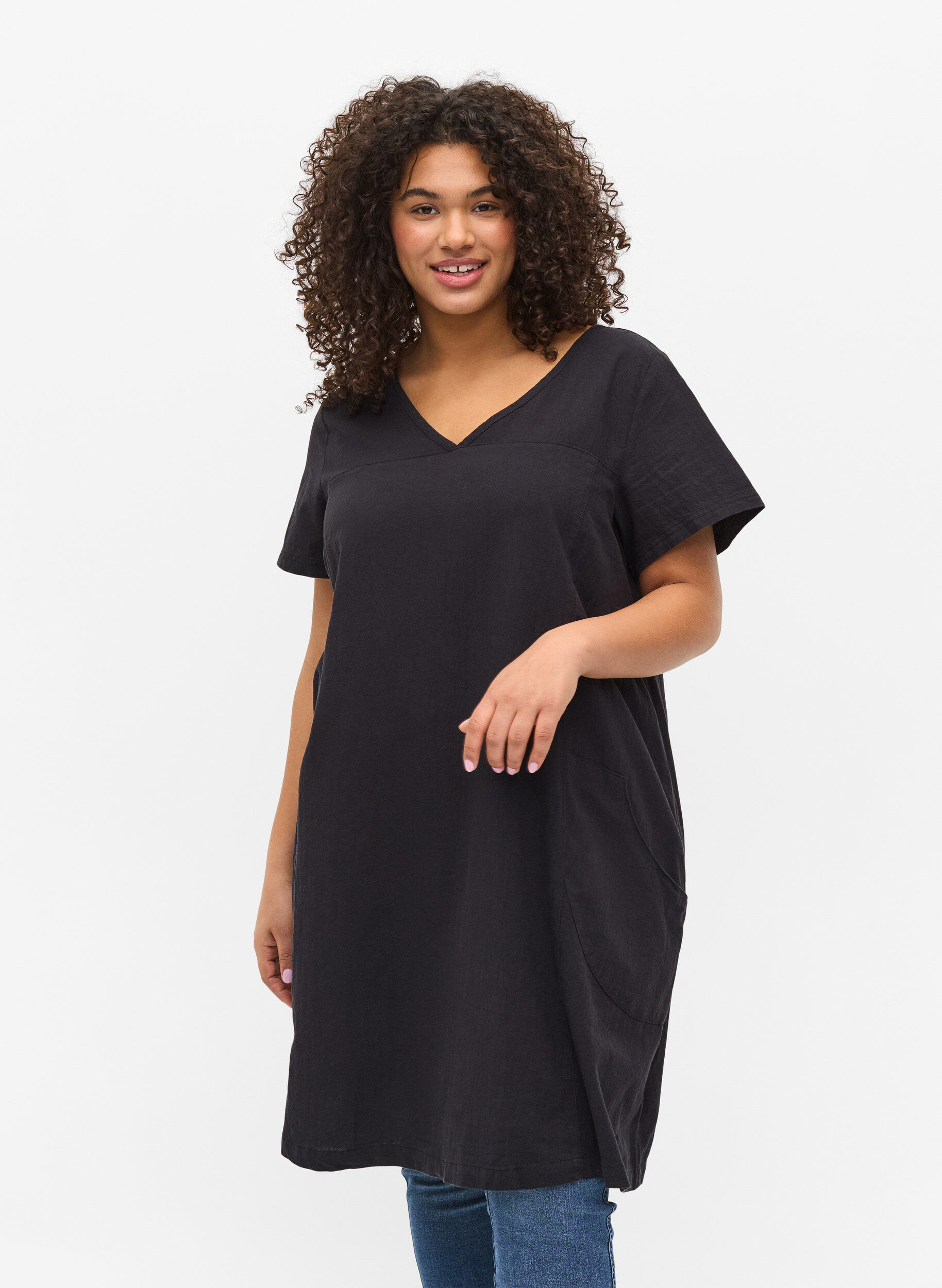 ZizziKurzarm Kleid aus Baumwolle, Schwarz, Model image number 0