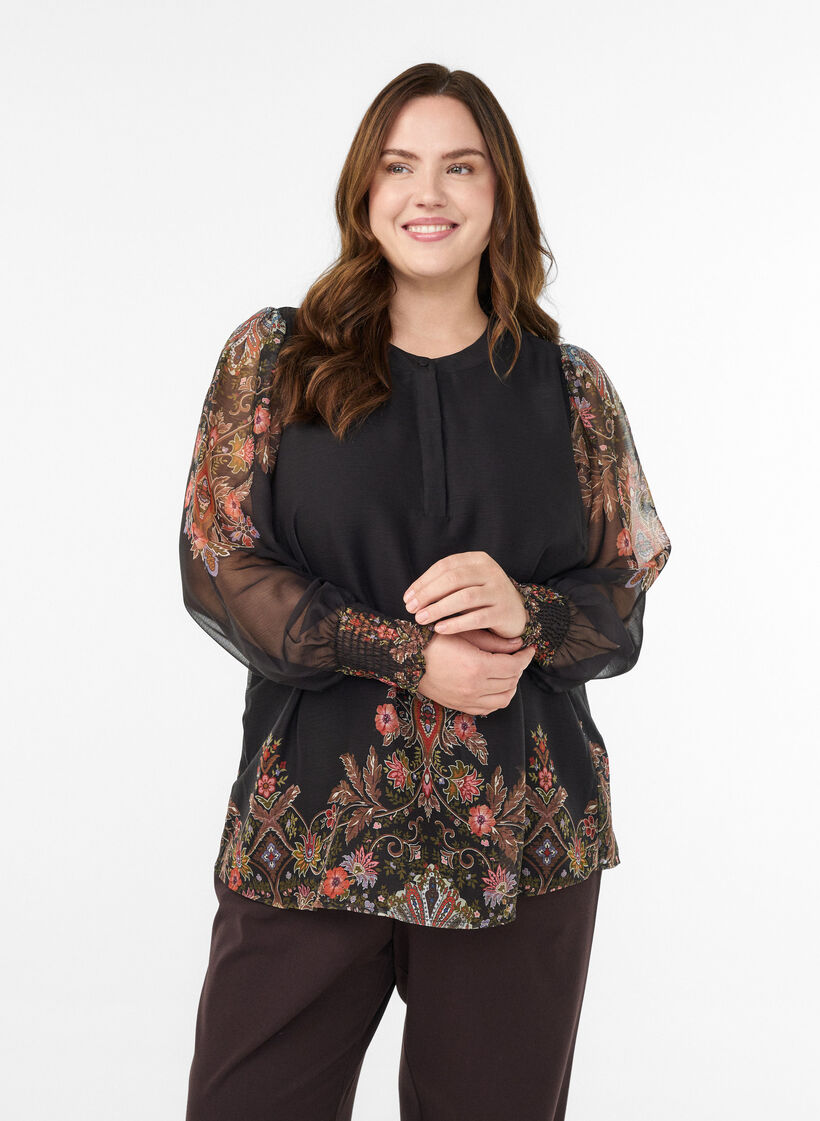 Bluse mit Paisleymuster und transparenten Ärmeln, Schwarz, Model image number 0
