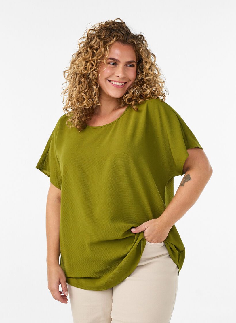 Bluse mit kurzen &Auml;rmeln und Rundhalsausschnitt, Gr&uuml;n, Model image number 0