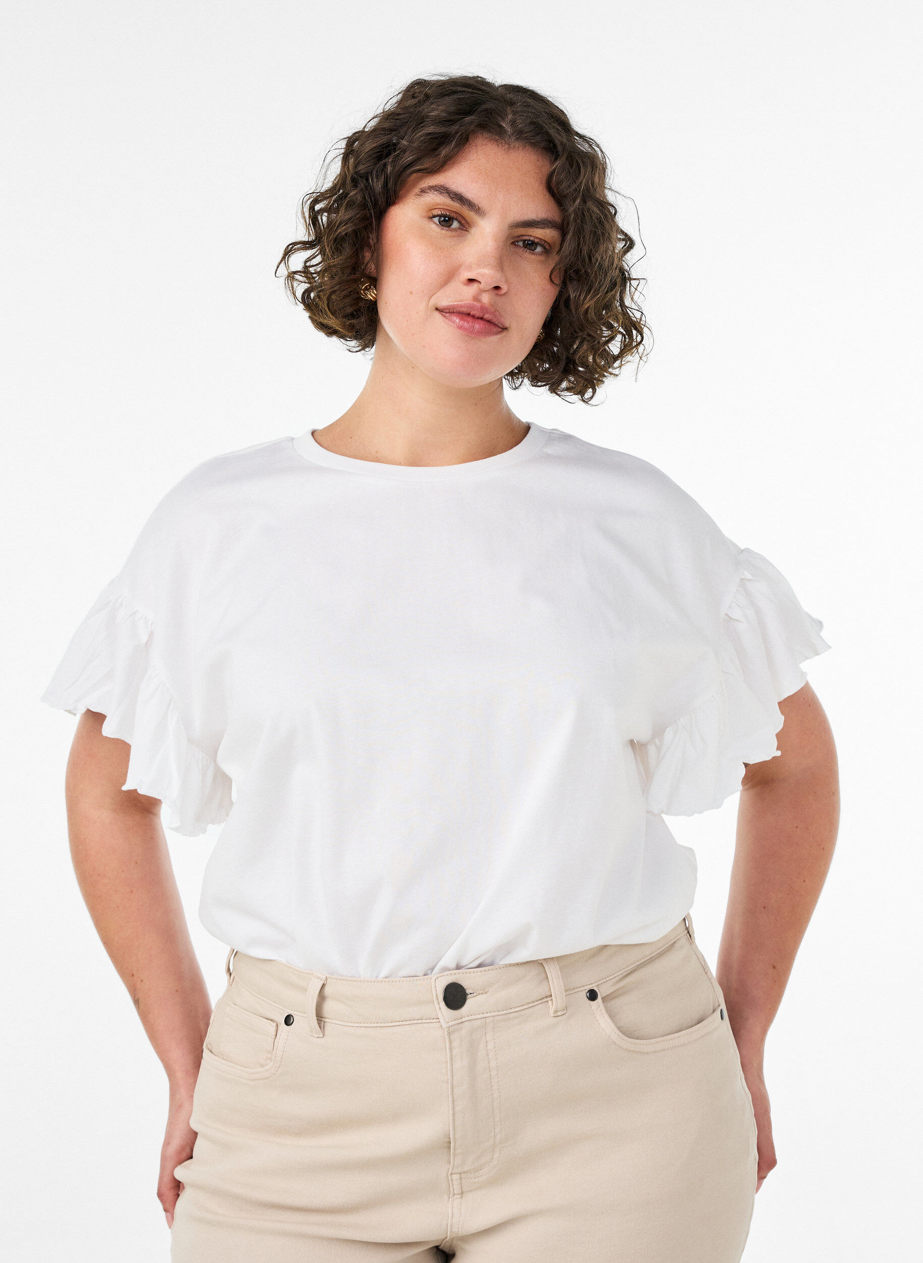 ZizziT-Shirt aus Bio-Baumwolle mit R&uuml;schen&auml;rmeln, Wei&szlig;, Model image number 0