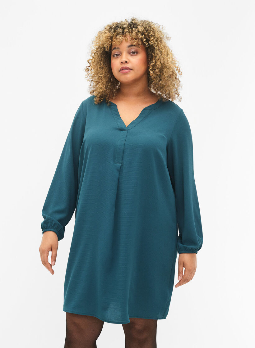 Langärmeliges Kleid mit V-Ausschnitt., Deep Teal, Model image number 0