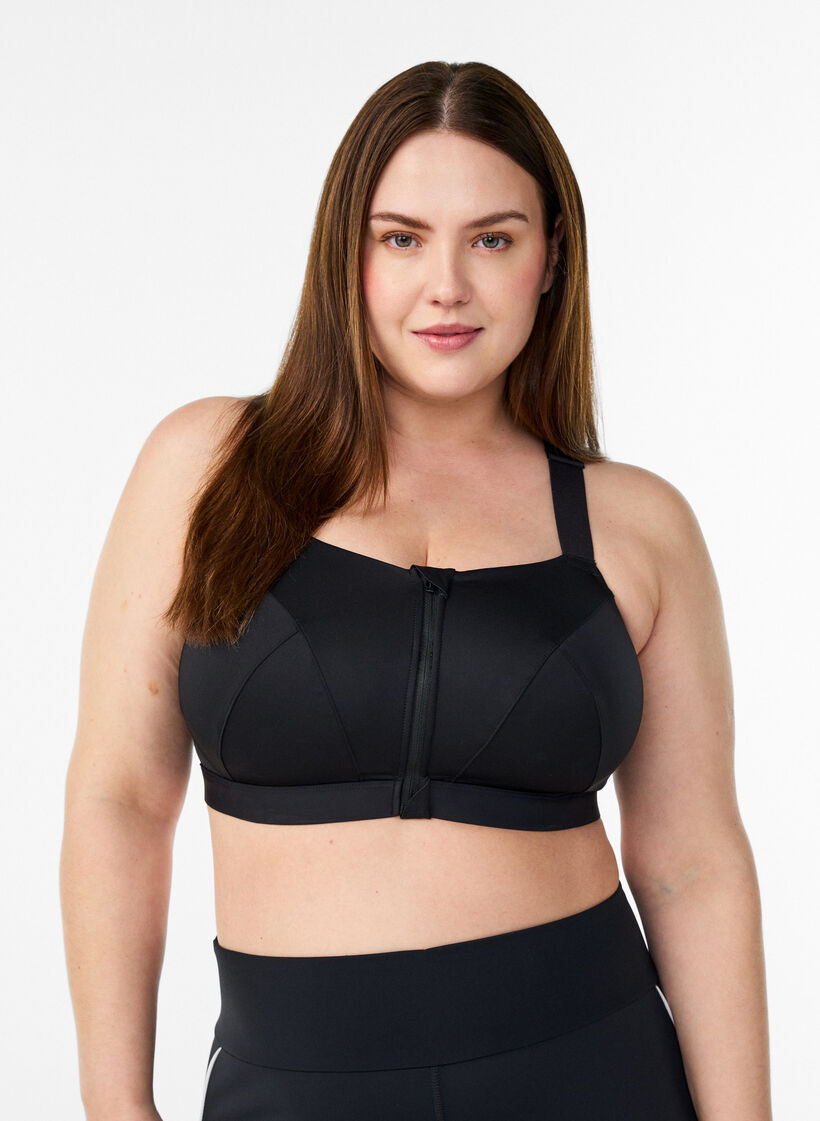 Sport-BH mit Vorderverschluss und hohem Halt, Schwarz, Model image number 0