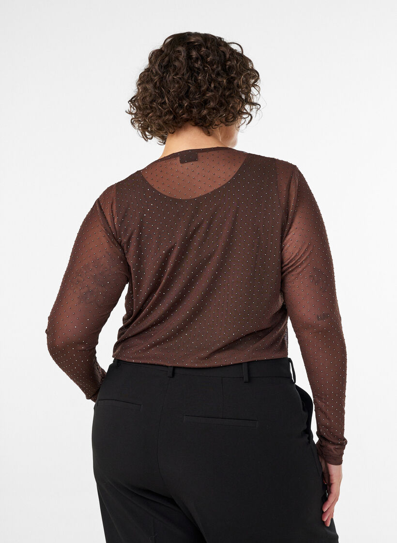 Transparente Bluse aus Mesh mit Strasssteinen, Braun, Model image number 2