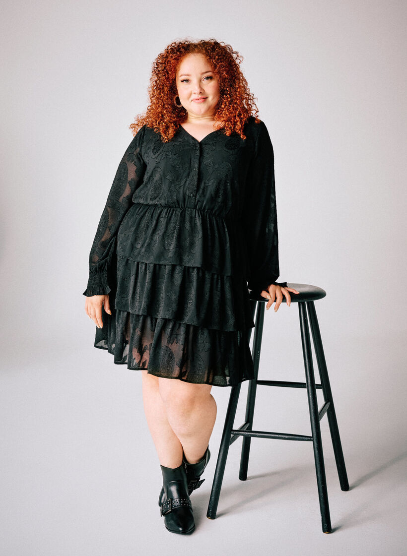 Kurzes Kleid mit Rüschen und Strukturmuster, Schwarz, Image image number 0