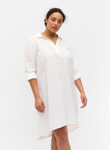 Kleid mit V-Ausschnitt und Kragen, White, Model image number 0