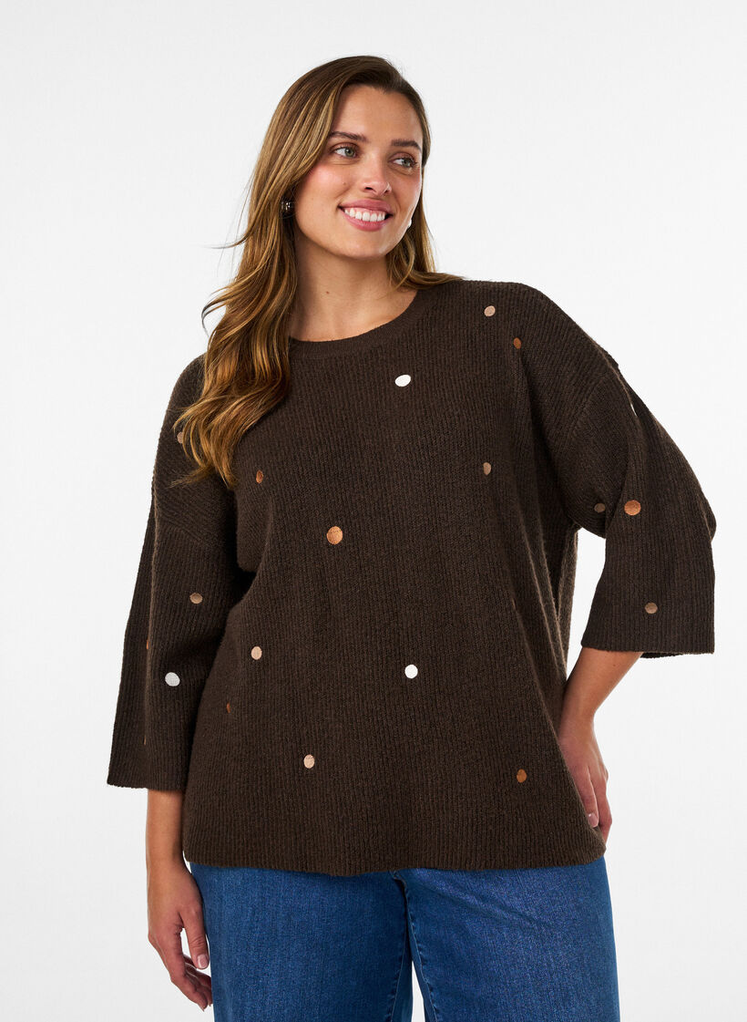 Strickbluse mit kleinen Stickmotiven, Braun, Model image number 0