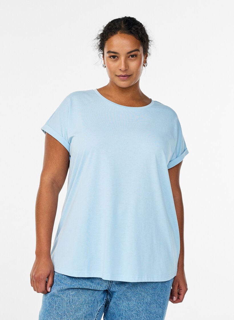 Kurz&auml;rmeliges T-Shirt aus einer Baumwollmischung, Blau, Model image number 0