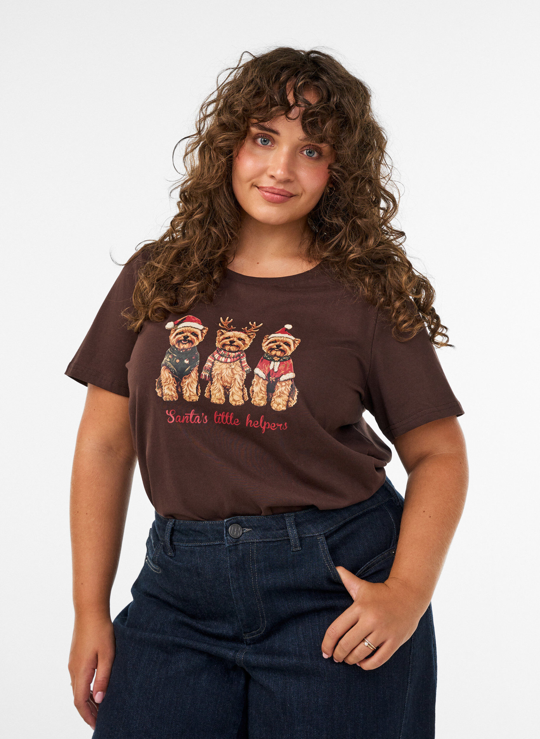 ZizziWeihnachts-T-Shirt aus Bio-Baumwolle, Braun, Model image number 0