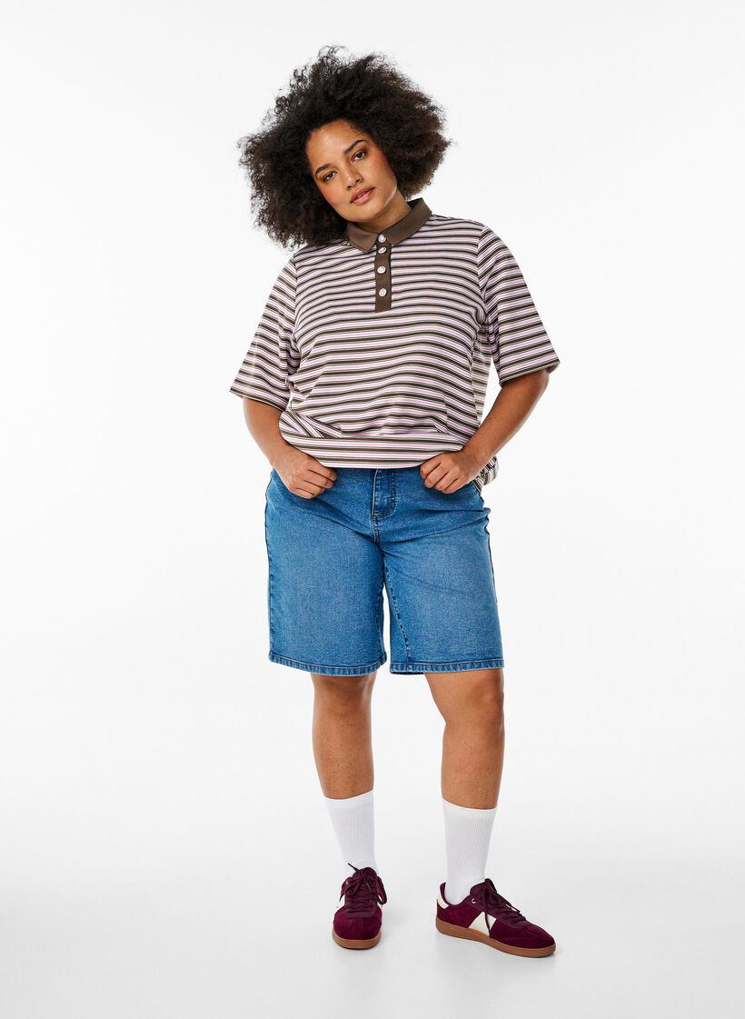 Kurzärmliges Poloshirt mit Streifen und Reißverschluss, Braun, Model image number 1