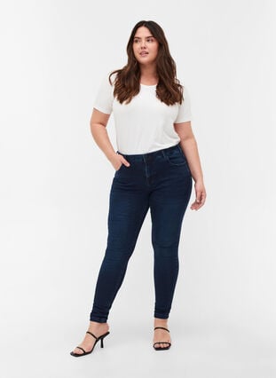 Super Slim Amy Jeans mit hoher Taille, Dark blue, Model image number 0