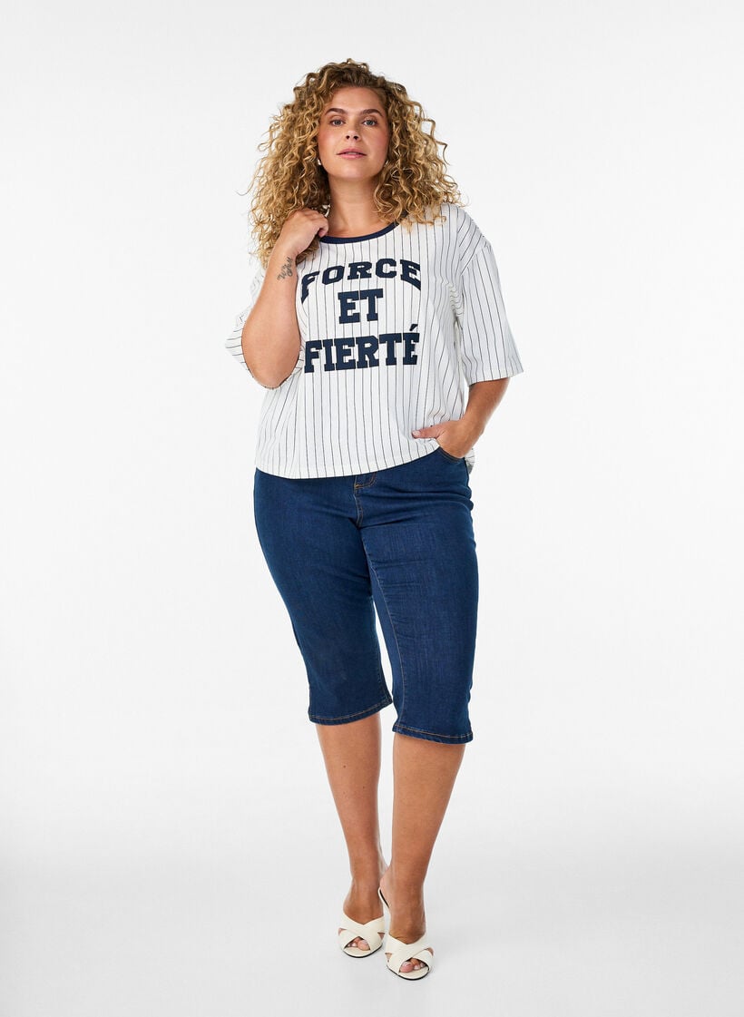 Boxy T-Shirt mit Streifen und Statement-Print, Wei&szlig;, Model image number 1