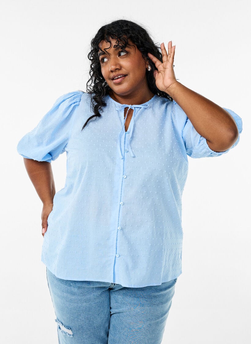 Bluse mit Bindeband und gepunkteter Textur, Blau, Model image number 3