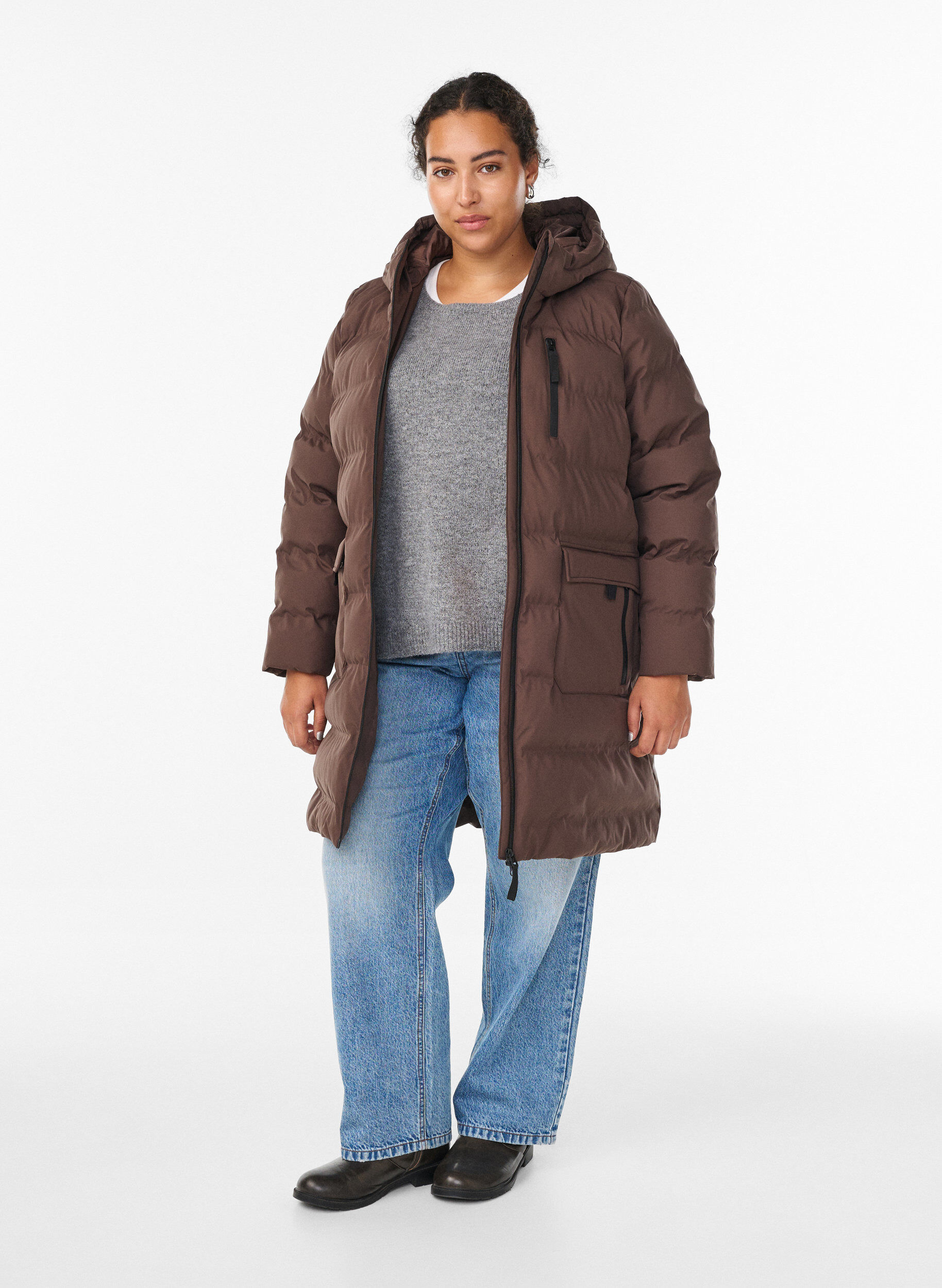 ZizziPuffermantel mit Kapuze und Taschen, Braun, Model image number 1