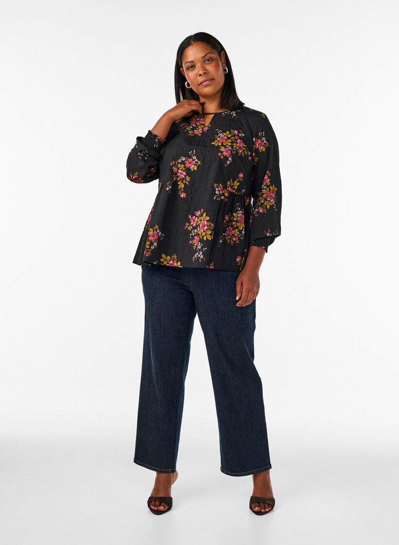 Lang&auml;rmelige Bluse mit gebl&uuml;mtem Muster, Schwarz, Model image number 1