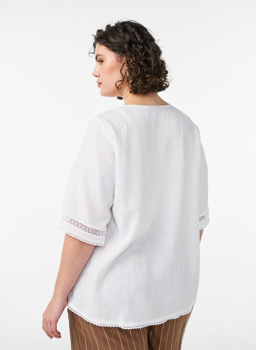 Bluse aus Leinen und Viskose mit H&auml;keldetails, Wei&szlig;, Model image number 2