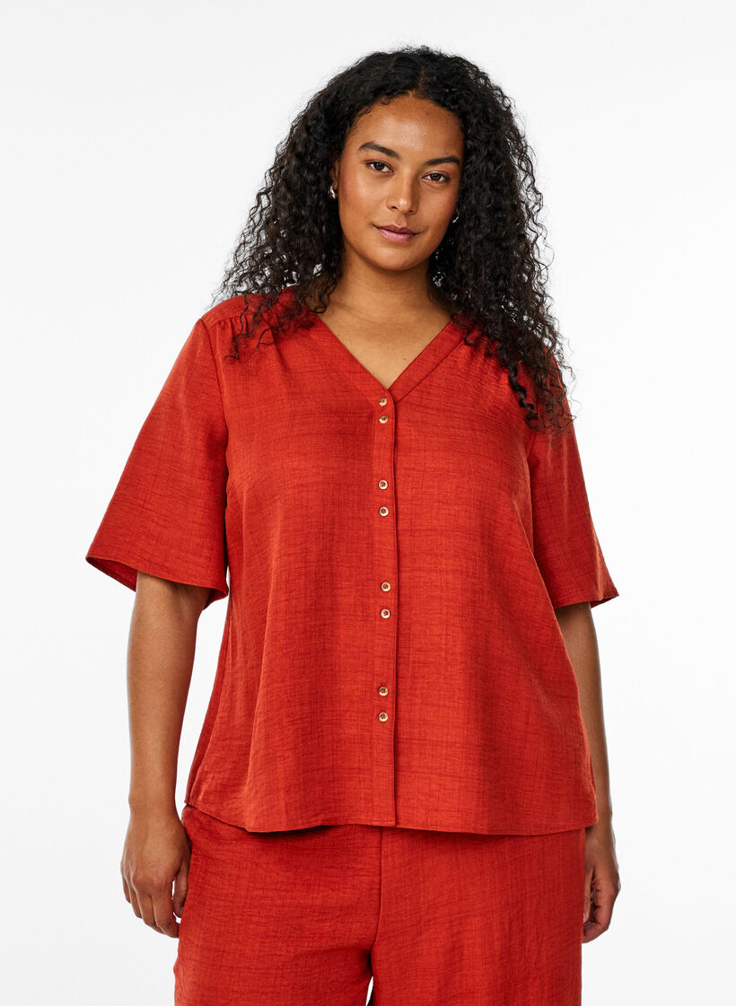 Hemdbluse mit V-Ausschnitt und kurzen &Auml;rmeln, Rot, Model image number 0