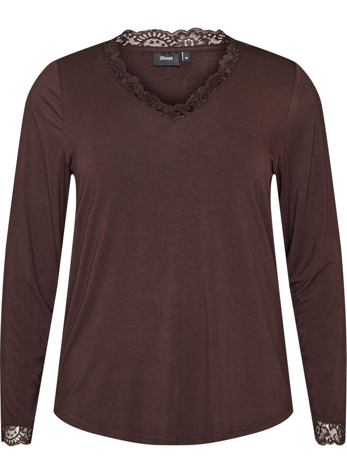 Bluse aus Viskose mit Spitzen und V-Ausschnitt, Braun, Packshot image number 0