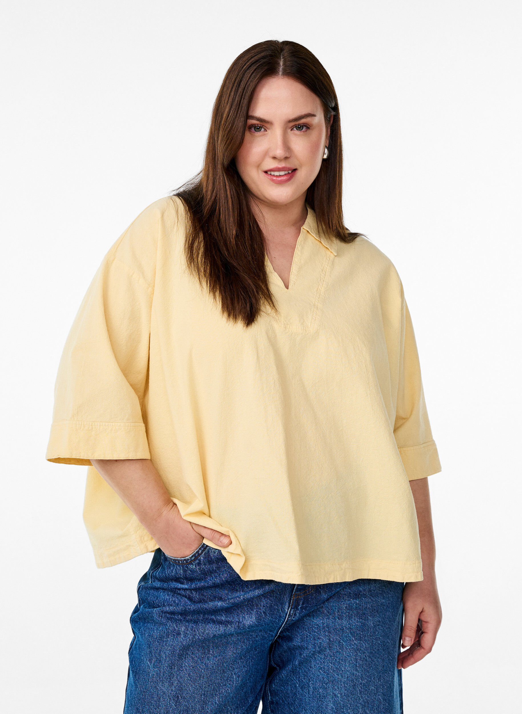 Lockere Bluse mit Kragen und 1/2 &Auml;rmeln, Gelb, Model
