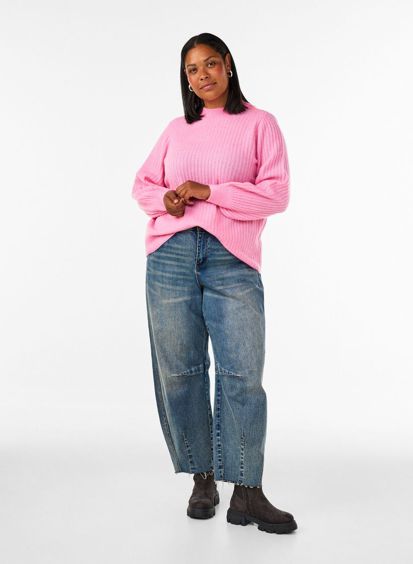 Pullover aus Rippstrick mit Puff&auml;rmeln und Kn&ouml;pfen, Pink, Model image number 1
