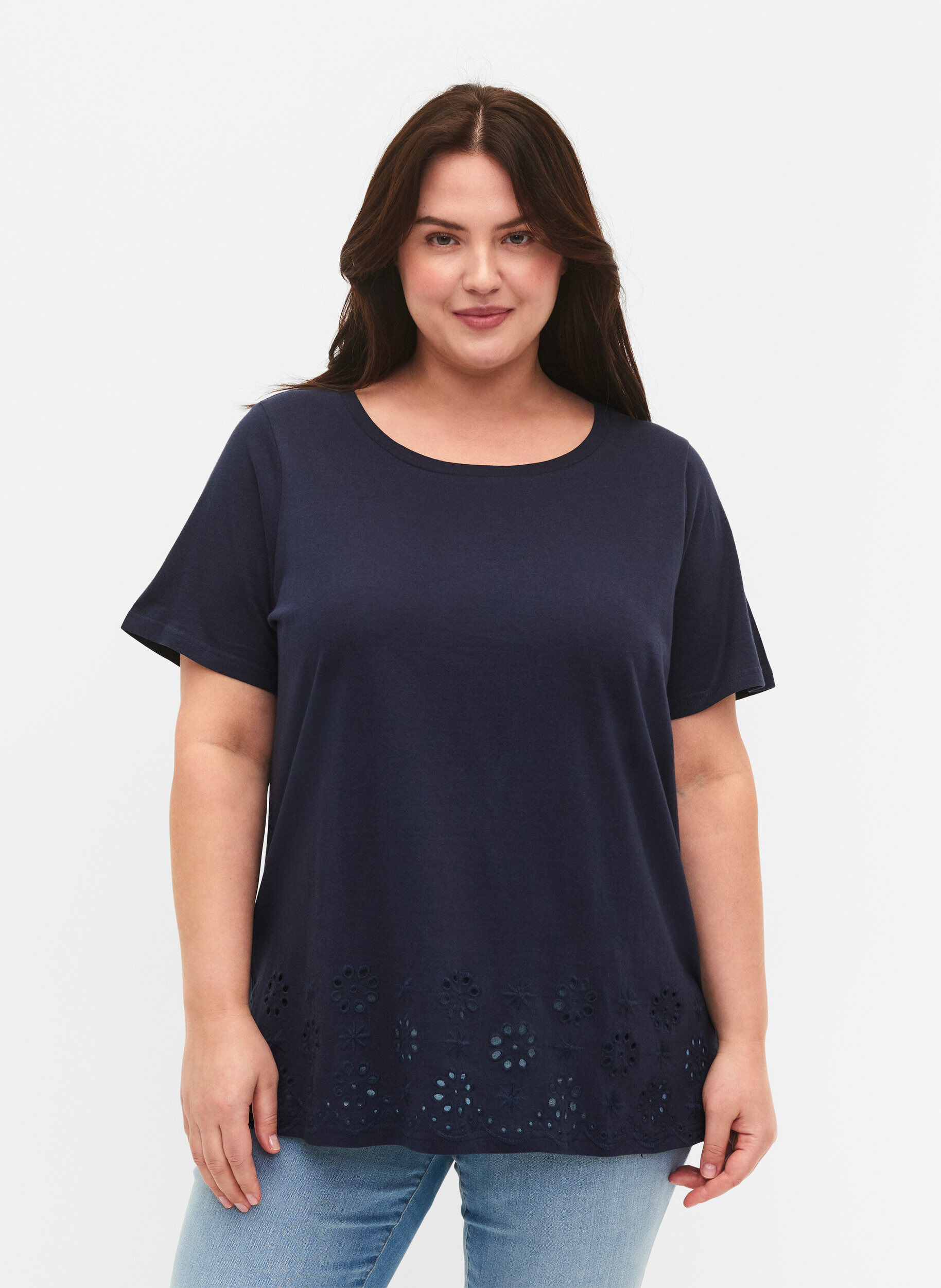 ZizziT-Shirt aus Baumwolle mit Broderi anglaise, Navy Blazer, Model image number 0