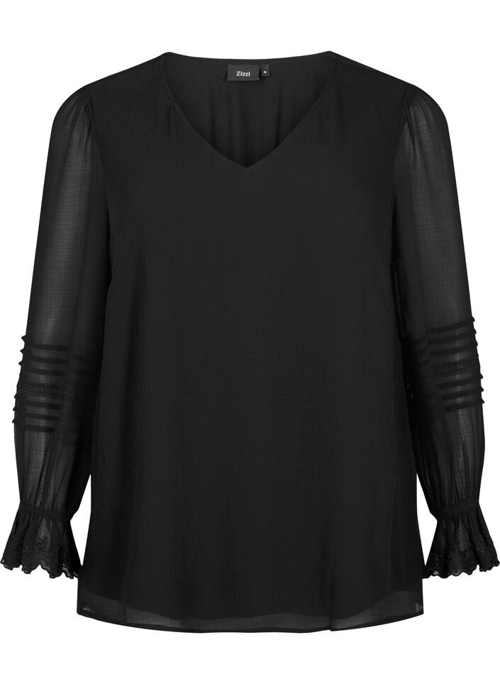 Bluse mit V-Ausschnitt und Rüschenärmeln, Black, Packshot image number 0