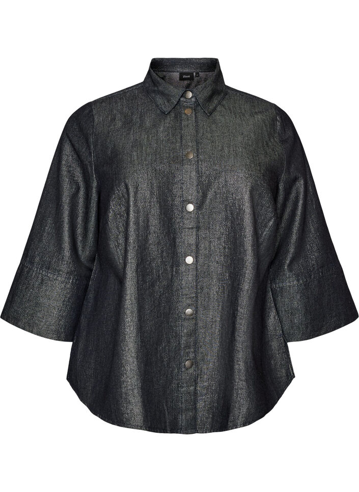 Denimbluse mit Glitzerfaden und 3/4-&Auml;rmeln, Grau, Packshot image number 0