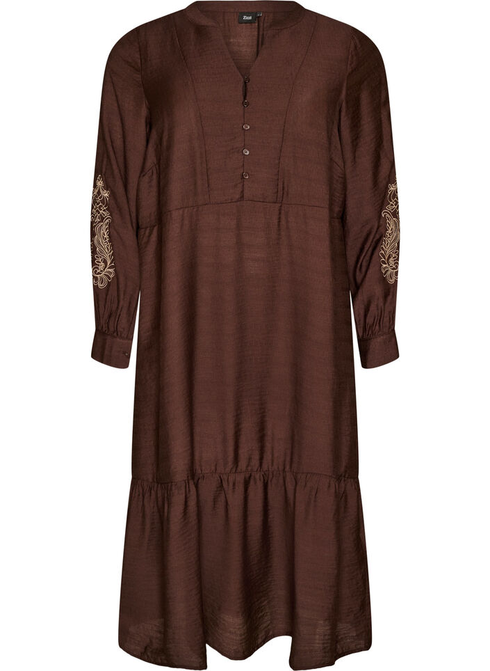 Kleid aus Viskose mit Stickerei und Stufenvolants, Braun, Packshot image number 0